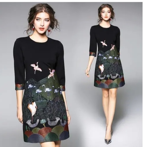 H.J Black Dress with Embroidered flamingo Birds black multi color size M - Picture 1 of 15